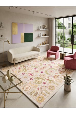 Krem Vintage Çiçek Desenli Pastel Renkli Oturma Odası Halısı