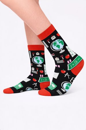Kırtasiye ve Okul Desenli Siyah Kırmızı Unisex Soket Çorap