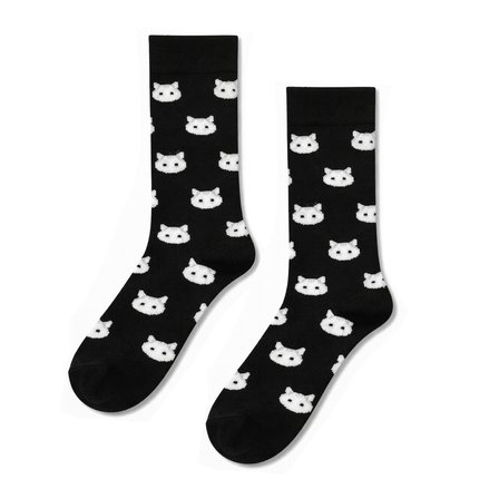 Beyaz Kedi Yüzü Desenli Siyah Unisex Soket Çorap