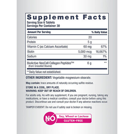 grassfed Collagen Peptides + Vitamin C & Biotin 6000 mg 180 Tablet