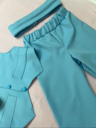 Erkek Çocuk Bebe Mavi Smokin, Erkek Çocuk Pantalon Yelek Papyon Kemer Set, Erkek Çocuk Mevlüt Takım