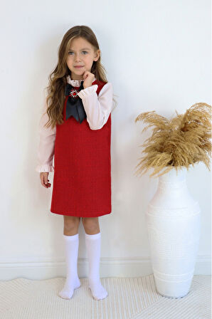 Kız Çocuk Vanessa Broş Detaylı Tüvit Kırmızıı Uzun Kollu Yılbaşı Elbisesi