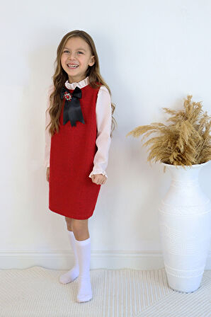 Kız Çocuk Vanessa Broş Detaylı Tüvit Kırmızıı Uzun Kollu Yılbaşı Elbisesi