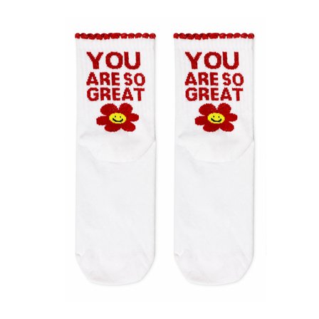 You Are So Great Yazılı Çiçek Desenli Beyaz Yarım Konç Kısa Çorap