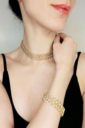 Asimetrik Tasarım Gold Kolye Bileklik Set