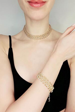 Asimetrik Tasarım Gold Kolye Bileklik Set