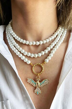 Turkuaz Anka Detaylı Üç Sıra İncili Kolye