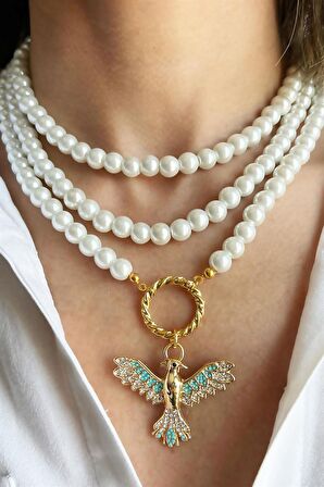 Turkuaz Anka Detaylı Üç Sıra İncili Kolye