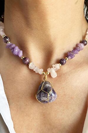 Ametist ve Ceyd Güneş Doğal Taşlı Kırık Taşlı Kolye