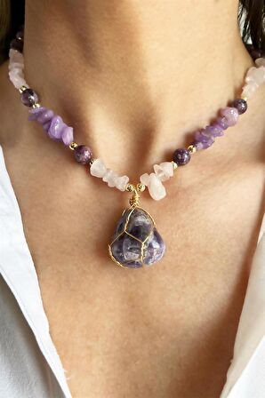 Ametist ve Ceyd Güneş Doğal Taşlı Kırık Taşlı Kolye