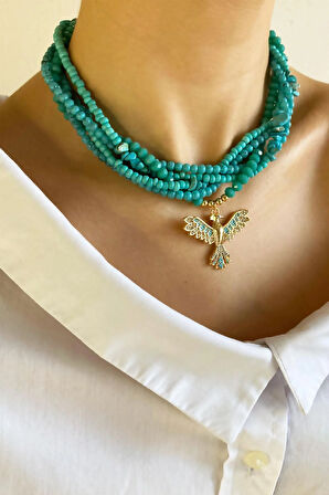 Anka Kuşu Uçlu Kristal ve Doğal Taş Sarmal Kolye - Turkuaz