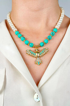 Anka Kuşu Uçlu İnci ve Boncuk Kolye - Turkuaz