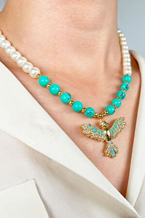 Anka Kuşu Uçlu İnci ve Boncuk Kolye - Turkuaz
