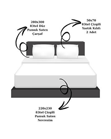 Nivora Çizgili Pamuk Saten Nevresim Takımı | Çift Kişilik Premium | 83 Tel Otel Serisi | King Size 220x230