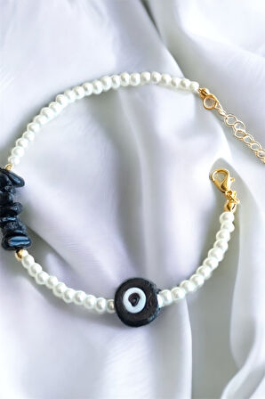 Siyah Nazar Boncuklu Kırık Doğal Taşlı Bileklik