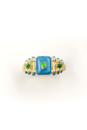 Mavi Mineli Renkli Gold Yüzük | Ayarlanabilir, Şık ve Anti Alerjik Tasarım