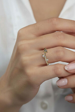 Zirkon Taşlı Yaprak Model Yüzük - Gold | Ayarlanabilir, Şık Tasarım