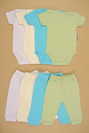 Pamuklu Yumuşak Kız - Erkek Bebek Kısa Kollu Omuz ÇıtÇıt 4'lu Takım