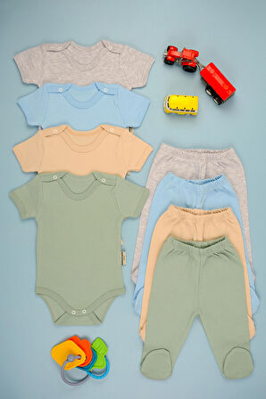 Pamuklu Yumuşak Kız - Erkek Bebek Kısa Kollu Omuz ÇıtÇıt Patikli 4'lu Takım