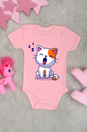 Pamuklu Uykucu Kedi Baskılı Kısa Kollu Çıtçıt Body Zıbın