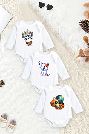 %100 Pamuklu Figür Desenli Baskılı Yumuşak Doku 3'lü Paket Baskılı Zıbın & Body