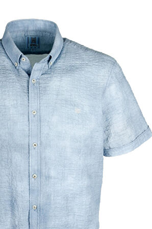 Erkek Mavi Gofre Kumaş Slim Fit Dar Kesim Düğme Yaka Kısa Kol Gömlek Jeans 7232