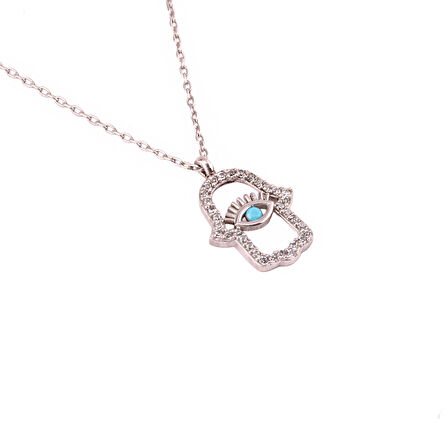 Masaliko Fatma Ana  Eli Göz Gümüş Kolye Ms3336, 925 Ayar Kadın Gümüş Kolye, Rodyum Kaplama