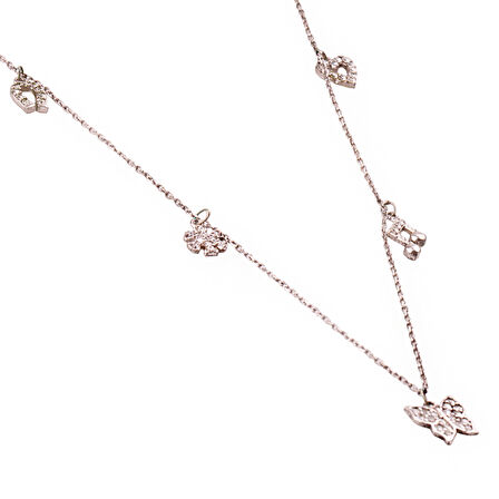 Masaliko Şans Gümüş Kolye Ms3775, 925 Ayar Kadın Gümüş Kolye, Nal, Kutup Yıldızı, Kelebek, Nota, Kalp Kolye