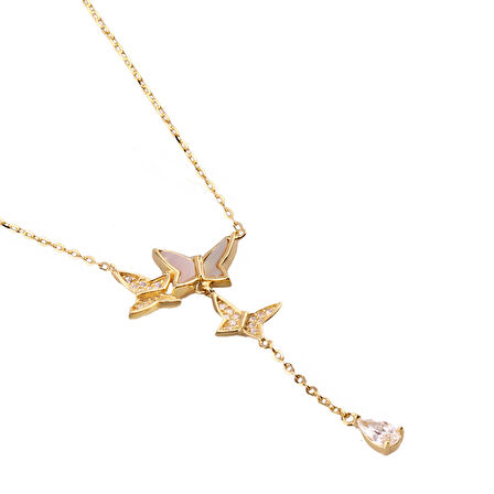 Masaliko Kelebek Sedef İthal Gümüş Kolye Ms3799, 925 Ayar Gümüş Kolye, Altın Kaplama