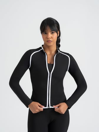 Lineedge Zip Beyaz Biyeli Siyah Uzun Kollu Spor Ceket