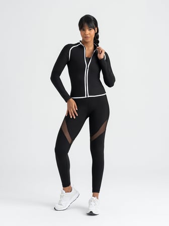 Lineedge Zip Beyaz Biyeli Siyah Uzun Kollu Spor Ceket