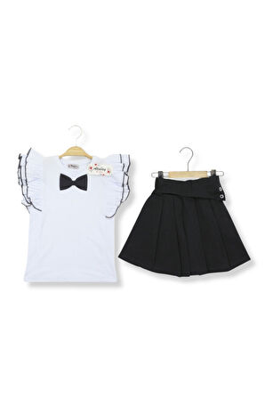 Kız Çocuk Takım Etekli Kol Fırfırlı Fiyonlu  Okulluk