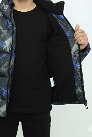 Erkek/Kız Çocuk Çıkabilir Kapüşonlu Su ve Rüzgar Geçirmez Cepli Kışlık Şişme Mont