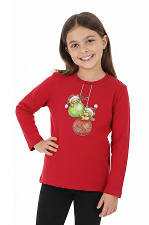 Kız Çocuk Bluz Ayıcık Baskılı Noellik Kışlık Şardonlu