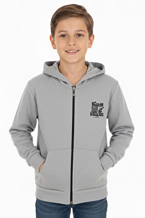 Erkek çocuk hırka 2 iplik şordonlu baskılı kapüşonlu