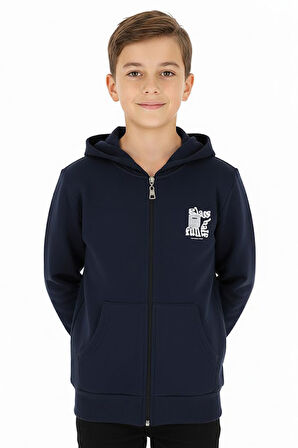 Erkek çocuk hırka 2 iplik şordonlu baskılı kapüşonlu