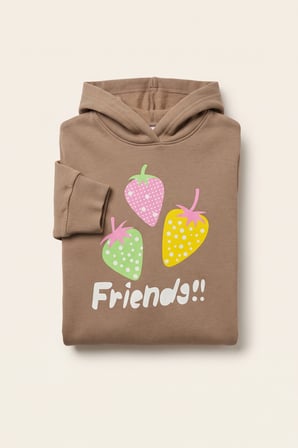 Kız Çocuk Sweatshirt Çilek Baskılı 3 iplik Polarlı Şardonlu %100 Pamuk