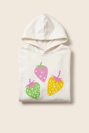 Kız Çocuk Sweatshirt Çilek Baskılı 3 iplik Polarlı Şardonlu %100 Pamuk