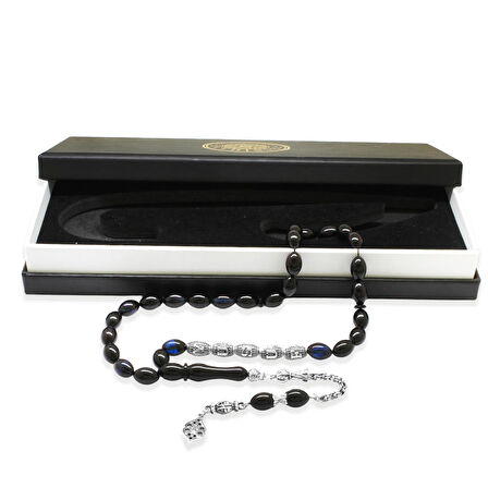 Kararmaz Metal Püsküllü Kişiye Özel İsim Yazılı Mavi-Siyah Sıkma Kehribar Tesbih