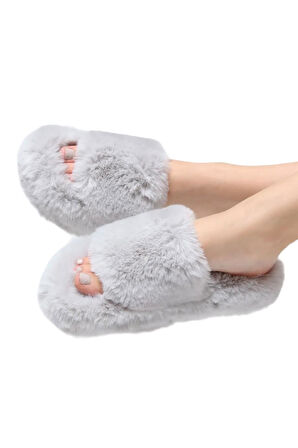 Ekstra Yumuşak Tüylü Kadın Terlik GRİ