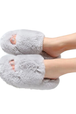 Ekstra Yumuşak Tüylü Kadın Terlik GRİ