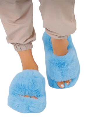 Ekstra Yumuşak Tüylü Kadın Terlik MAVİ