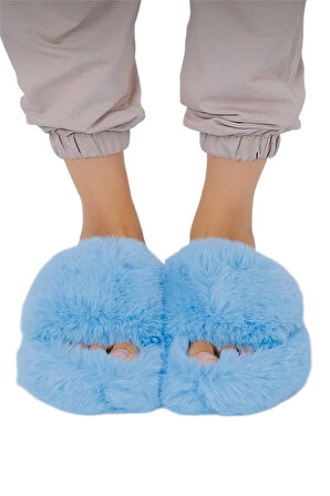Ekstra Yumuşak Tüylü Kadın Terlik MAVİ