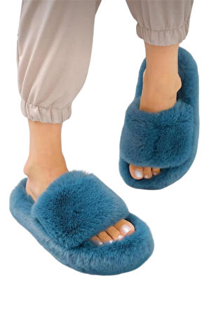 Ekstra Yumuşak Tüylü Kadın Terlik PETROL