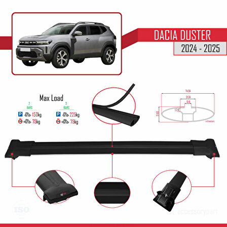 Dacia Duster 3 (P1310) 2024 ve Sonrası ile Uyumlu FLY Model Ara Atkı Tavan Barı Siyah 2 Adet