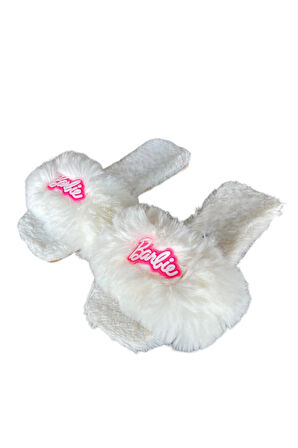 Tüy Detaylı Peluş Kadın Terlik BEYAZ