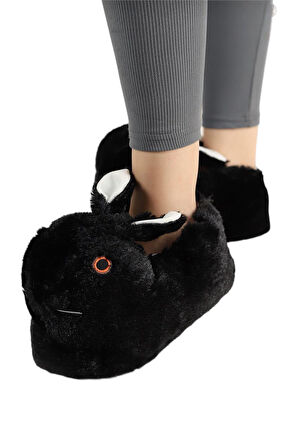Peluş Tavşan Figürlü Kaymaz ve Ses Yapmaz Ev Panduf SİYAH