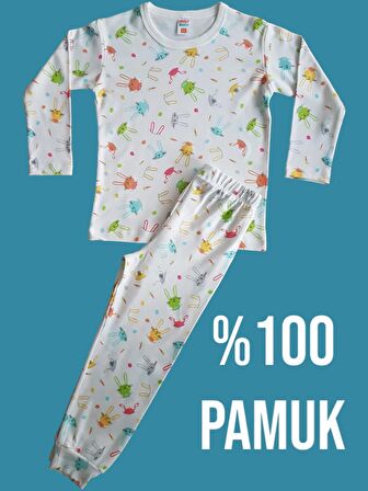 Uzun Kollu Desenli Çocuk Pijama Takım