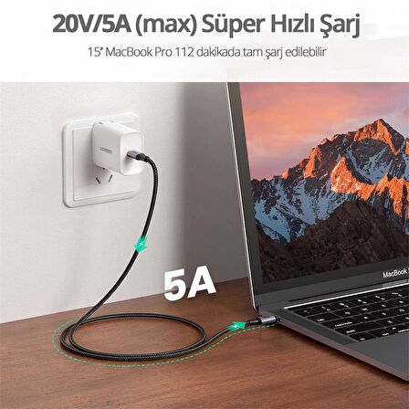 ONTECH - Ugreen Type-c 100w 5a Qc Pd Örgülü Hızlı Şarj Kablosu 2 Mt Siyah 90440