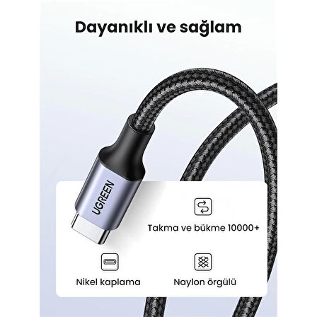 ONTECH - Ugreen Usb-c 60w 3a Qc Pd Örgülü Hızlı Şarj Kablosu 1 Mt Siyah 50150